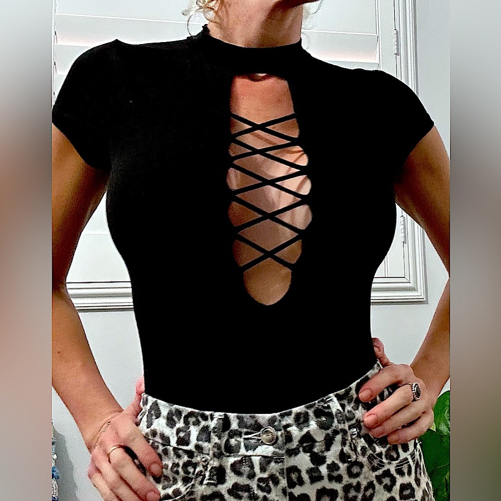 Sexy Deep V Neck Caged Bodysuit, Black, Size Small